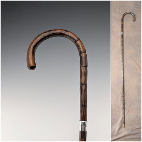 1908年 英国アンティーク ブラウンシャフト 曲がりハンドル 純銀装飾 軽量ステッキ 杖 80cm